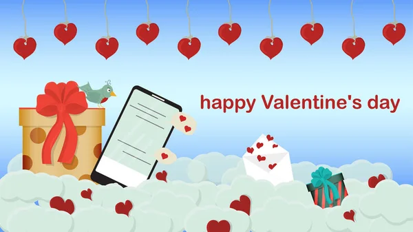 Ευτυχισμένη ημέρα του Αγίου Βαλεντίνου κουτί δώρου κινητό τηλέφωνο με chat και πουλί li — Διανυσματικό Αρχείο