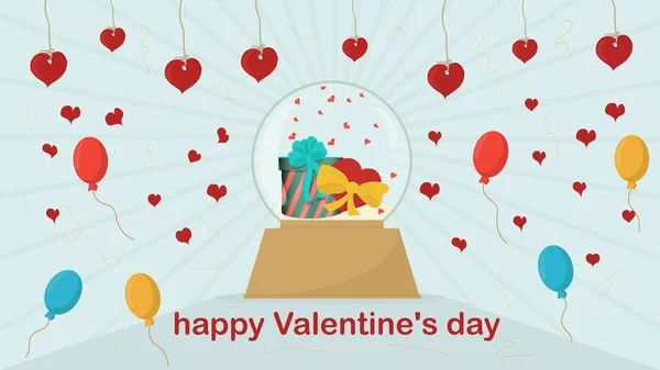 Felice San Valentino palla di vetro con regalo e cuore dentro festi — Vettoriale Stock