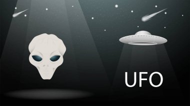 Uçan daire Ufo uzaylı kafası ile gece gökyüzünün arka planında