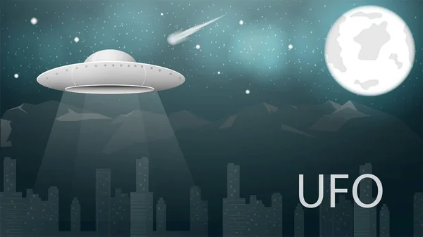 Vliegende schotel Ufo zweefde over de stad op de achtergrond van de — Stockvector