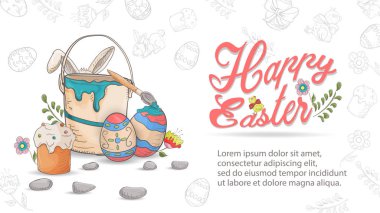 Easter holiday banner greetings bucket with paint for colored eg clipart