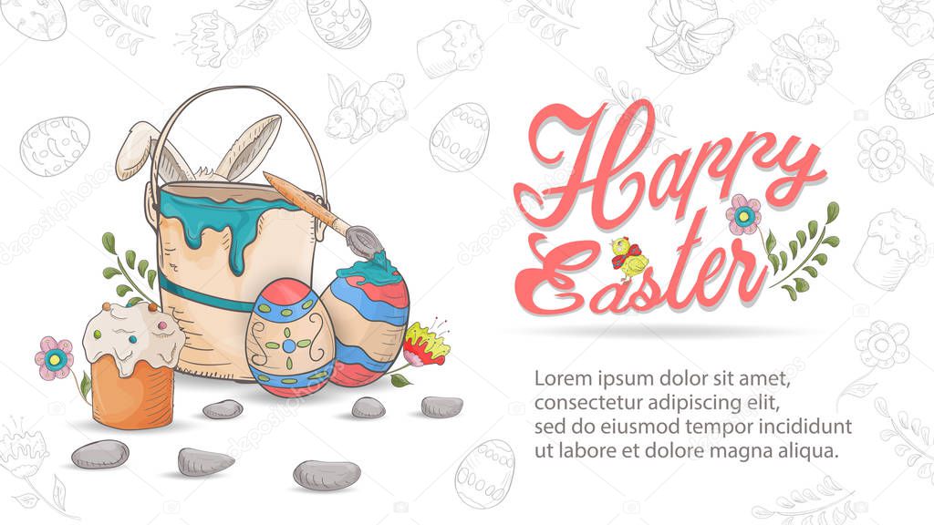 Easter holiday banner greetings bucket with paint for colored eg