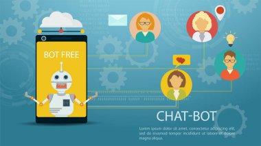 Banner, Sanal Yardım Chatbot, Web sitesi veya Mobil Uygulamalar için telefon uygulaması, Yapay Zeka Konsepti, Tasarım için Düz Vektör İlülasyonu, EPS 10