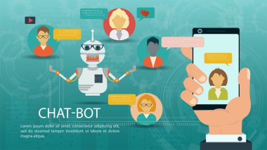 Banner, Chatbot Sanal Asistanı, Web sitesi veya Mobil Uygulamalar için robot, EPS 10 tasarımı için Yapay Zeka Konsepti Düz Vektör Çizimi