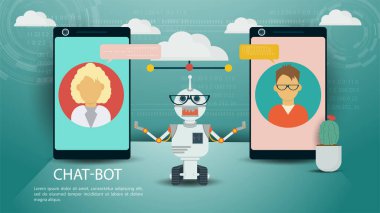 Banner, Sanal Yardım Chatbot, iki telefon arasında, Web sitesi veya Mobil Uygulamalar, Yapay Zeka Konsepti, Tasarım için Düz Vektör İlülasyonu