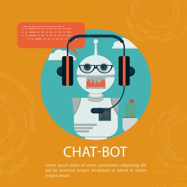 yardımcı simge, sohbet robotu desteği, düz çizgi film vektör stili, kulaklık konseptinde robot veya bot yüz, EPS 10 tasarımı için otomatik online sohbet servis sembolü