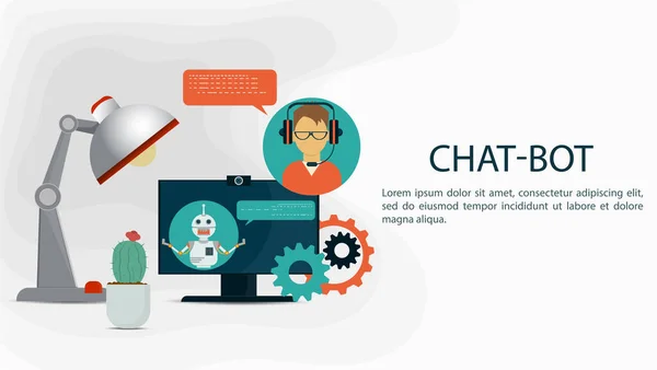 Banner Chatbot Ajuda Virtual Monitor Computador Lado Uma Lâmpada Mesa — Vetor de Stock
