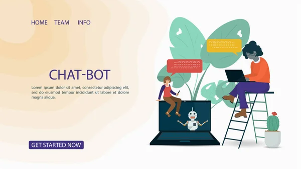 Banner Chatbot Ajuda Virtual Duas Meninas Conversando Com Robô Para — Vetor de Stock