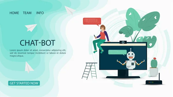 Banner Sanal Yardım Chatbot Monitörde Oturan Bir Robotla Iletişim Kuran — Stok Vektör