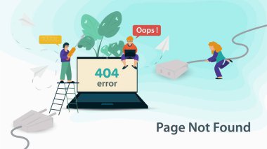 Banner, Oops, 404 hata sayfası bulunamadı, İnternet bağlantısı sorunları, web siteleri ve mobil uygulamalar için yeniden bağlanmaya çalışan küçük insanlar, düz vektör çizimi