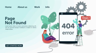 Banner, Oops, 404 hatası, sayfa bulunamadı, internet bağlantısı sorunları, akıllı telefon, web siteleri ve mobil uygulamalar için yeniden bağlanmaya çalışan küçük insanlar, düz vektör ilülasyonu