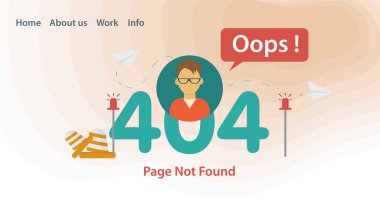 Oops 404, hata sayfası bulunamadı, düz illüstrasyon, internet bağlantısı sorunları, gözlüklü küçük bir adamla simge, düz vektör illüstrasyonu