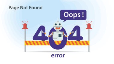 Oops, 404 hatası, sayfa bulunamadı, düz illüstrasyon, internet bağlantısı sorunları, küçük robot simgesi, düz vektör illüstrasyonu