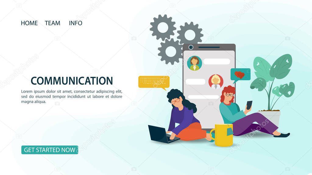 Two small women with glasses, sitting next to the phone , chatting online, For a Website Or Mobile Apps, Artificial Intelligence Concept, Flat Vector Illustration