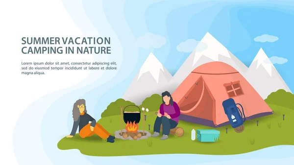 Banner Diseño Campamento Verano Naturaleza Personas Sentadas Alrededor Fuego Comida — Vector de stock