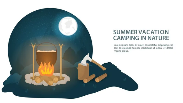 Banner Para Diseño Campamento Verano Fuego Con Caldero Claro Bosque — Vector de stock