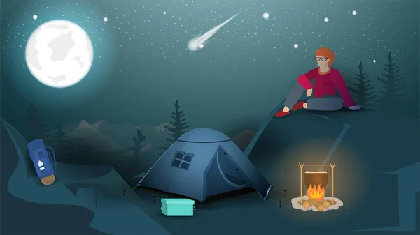 Banner Design Summer Camping Man Sitting Night Mountains Next Tourist — Stock Vector