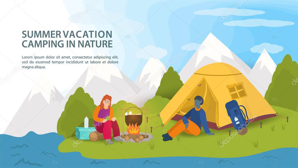 Banner, for the design of summer camping in nature, a guy and a girl sitting next to a campfire near a tourist tent, against the background of mountains , flat vector illustration