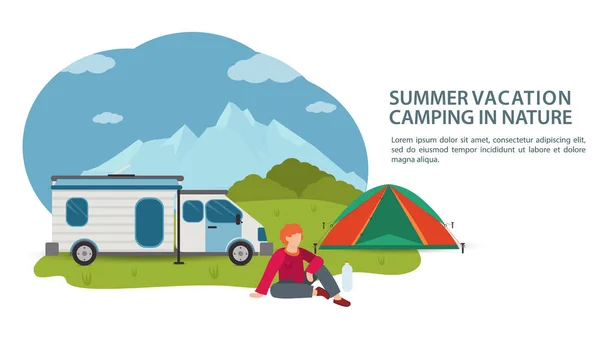 Banner Para Diseño Camping Verano Hombre Sentado Junto Coche Una — Vector de stock