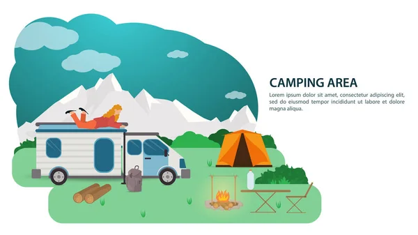 Banner Para Projeto Acampamento Verão Carro Turístico Uma Casa Sobre — Vetor de Stock