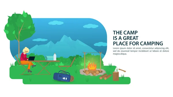 Banner Para Diseño Camping Verano Vacacionista Sentado Una Mesa Turismo — Vector de stock