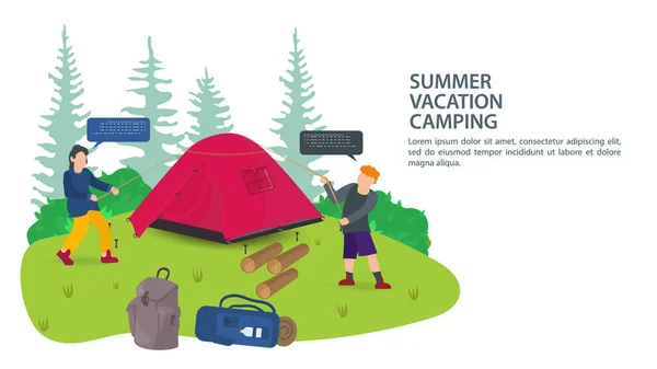 Banner Para Diseño Camping Verano Dos Personas Turistas Ponen Una — Vector de stock