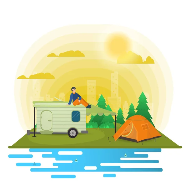 Día Soleado Paisaje Antecedentes Para Campamento Verano Camping Senderismo Concepto — Vector de stock