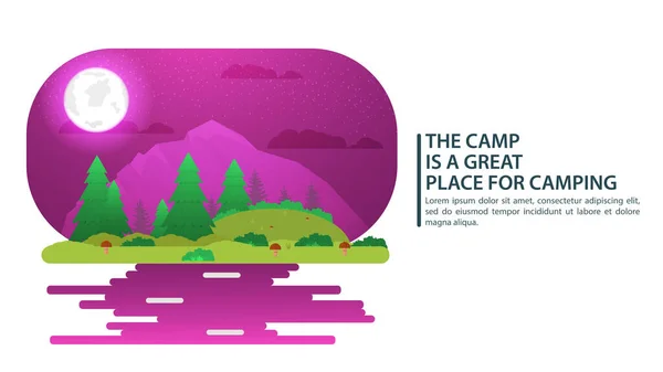 Paisaje Lunar Nocturno Antecedentes Para Campamento Verano Camping Senderismo Concepto — Vector de stock