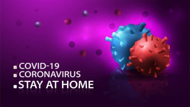 Koyu mor arkaplan, tasarım şablonu, karantina uyarısı, mavi COVID-19, koronavirüs molekülleri, ve kırmızı Coronavirus, 2019-nCoV, coronavirus salgını