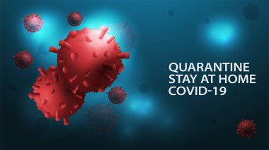 Koyu mavi arkaplan, tasarım şablonu, COVID-19 coronavirus molekülleri ile karantina uyarısı, ve kırmızı Coronavirus 2019-nCoV, coronavirus salgını