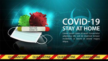 Koyu mavi arkaplan, tasarım pankartı şablonu, karantina uyarısı, COVID-19 Coronavirus 2019-nCoV molekülleri, biyolojik tehlike işareti, kısıtlama bandı, tıbbi maske ve test maskesiyle