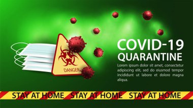 Pankart bir yığın tıbbi maske tasarladı, biyolojik tehlike işareti, covid-19 coronavirus molekülü ile birlikte duruyor, bir uyarı metni ile