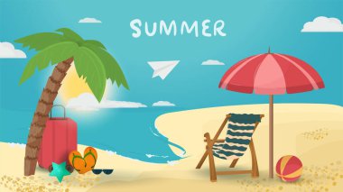 Pankart, manzara, plajda yaz tatili, şemsiye ve şezlong, bavullar plajda, okyanusta palmiye ağacı, tasarım için, düz vektör çizimi