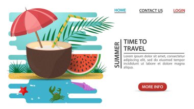 Web sayfası tasarımı, yaz tatili, hindistan cevizi ve karpuz dilimleri kumlu bir sahilde dizayn için, düz vektör çizim karikatürü için