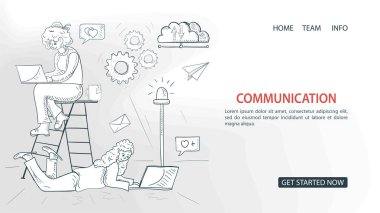 Yerdeki kız, merdivenlerdeki kız iletişim kuruyor ve internet ağında, bir web sitesi ya da mobil uygulamalar için, yapay zeka konsepti için, Doodle çizimi tarzında vektör ilüstrasyonunu çiziyor.