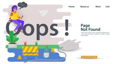 Banner, Oops, 404 hatası, sayfa bulunamadı, internet bağlantısı problemleri, kız bir mektubun üzerinde oturuyor, web siteleri ve mobil uygulamalar için, düz vektör çizimi