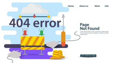 Banner, Oops, 404 hatası, sayfa bulunamadı, internet bağlantısı sorunları, uyarı ışıklarıyla bariyeri onar, web siteleri ve mobil uygulamalar için, düz vektör resimleme