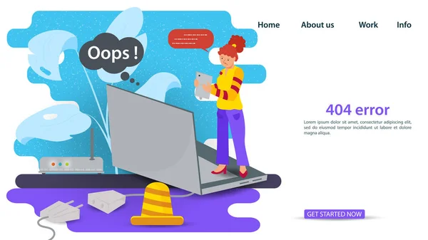 バナー Oops 404エラー ページが見つかりませんでした インターネット接続の問題 ラップトップ上に立つ女の子 ウェブサイトやモバイルアプリのための フラットベクトルイラスト — ストックベクタ