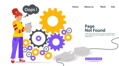 Banner, Oops, 404 hatası, sayfa bulunamadı, internet bağlantısı sorunları, telefonu olan kız viteslerle ilgili, web siteleri ve mobil uygulamalar için, düz vektör resimlemesi