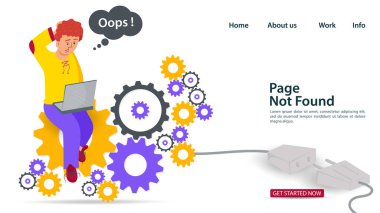 Banner, Oops, 404 hatası, sayfa bulunamadı, internet bağlantısı sorunları, vitesli adam, web siteleri ve mobil uygulamalar için, düz vektör çizimi
