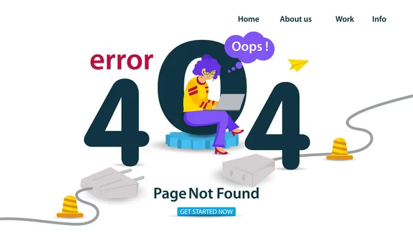 Banner Oops 404 Error Page Found Internet Connection Problems Girl — Stock Vector