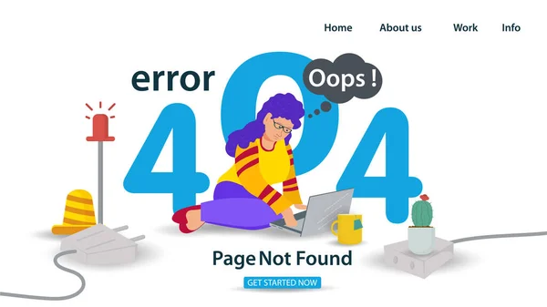 Banner Hoppla 404 Fehlerseite Nicht Gefundene Internetverbindungsprobleme Mädchen Auf Knien — Stockvektor