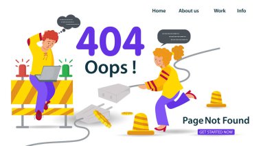 Banner, Oops, 404 hatası, sayfa bulunamadı internet bağlantısı problemleri, dizüstü bilgisayarlı kız tutan adam, web siteleri ve mobil uygulamalar için, düz vektör çizimi