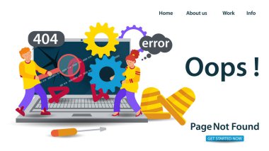 Banner, Oops, 404 hatası, sayfa bulunamadı, internet bağlantısı sorunları, Guy ve kızın web siteleri ve mobil uygulamalar için bozuk bir dizüstü bilgisayarı tamir etmesi, düz vektör illüstrasyonu