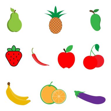 Meyve vektörü koleksiyonlarının sevimli parlak renkleri. Meyveler elma, limon, muz, portakal, armut, ananas, üzüm, kiraz, çilek ve yabanmersinidir..