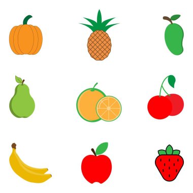 Meyve vektörü koleksiyonlarının sevimli parlak renkleri. Meyveler elma, limon, muz, portakal, armut, ananas, üzüm, kiraz, çilek ve yabanmersinidir..