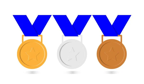 Guld Silver Brons Medalj Och Platser Trophy Med Rött Band — Stock vektor