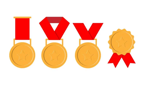 Guld Silver Brons Medalj Och Platser Trophy Med Rött Band — Stock vektor