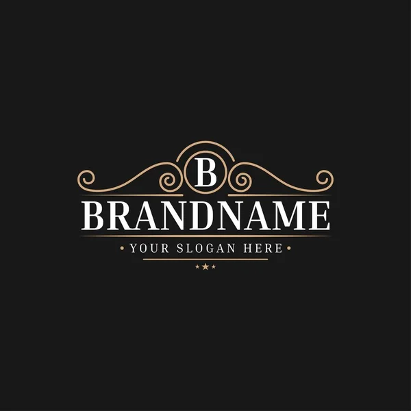 Lüks Logo şablonu, kaligrafik zarif süs çizgilerini serpiyor. Restoran, Kraliyet, Butik, Kafe, Otel, Heraldic, Mücevher, Moda ve diğer vektör illüstrasyonları için kimlik -