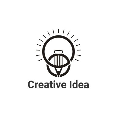 Ampul ve kalem logo şablonu. Yaratıcı bir fikir vektör tasarımı. Akıllı yazar logo